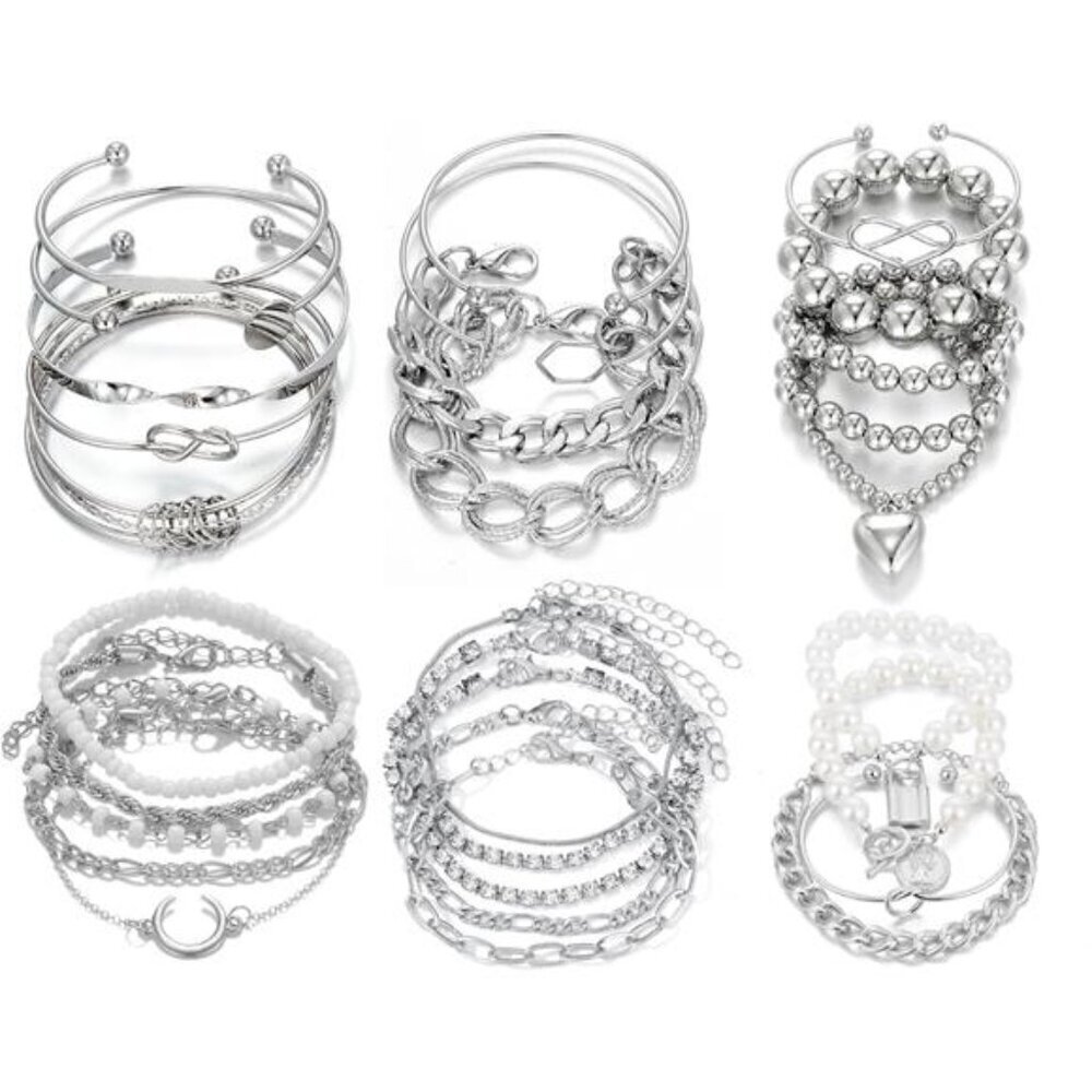 6 PACK (24 PCS) Boho Silver Chain Bracelets Set for Women, Bangles, Stackables